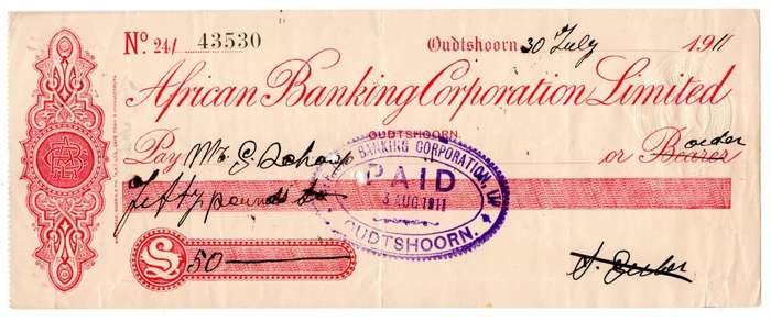 1911 African Banking Corporation Limited Cheque Oudtshoorn, 50 Pounds