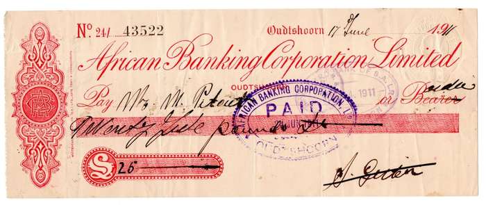 1911 African Banking Corporation Limited Cheque Oudtshoorn, 25 Pounds