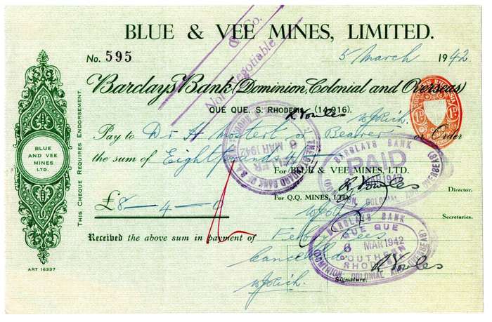 1942 Southern Rhodesia, Barclays Bank - Blue & Vee Mines, Limited Cheque issued for £8 and 4 Shillin