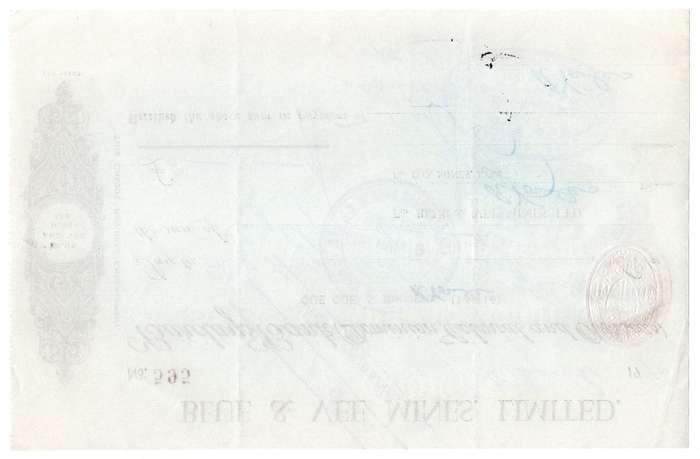 1942 Southern Rhodesia, Barclays Bank - Blue & Vee Mines, Limited Cheque issued for £8 and 4 Shillin