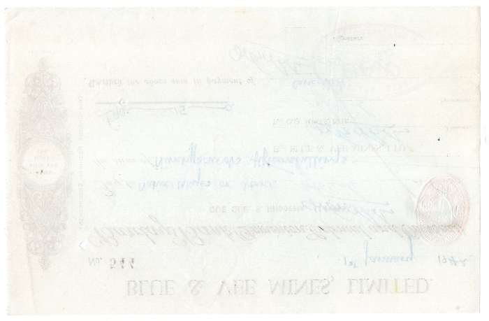 1942 Southern Rhodesia, Barclays Bank - Blue & Vee Mines, Limited Cheque issued for £90, 15 Shilling