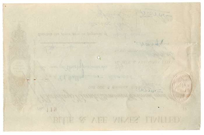 1940 Southern Rhodesia, Barclays Bank - Blue & Vee Mines, Limited Cheque issued for £34 and 4 Shilli