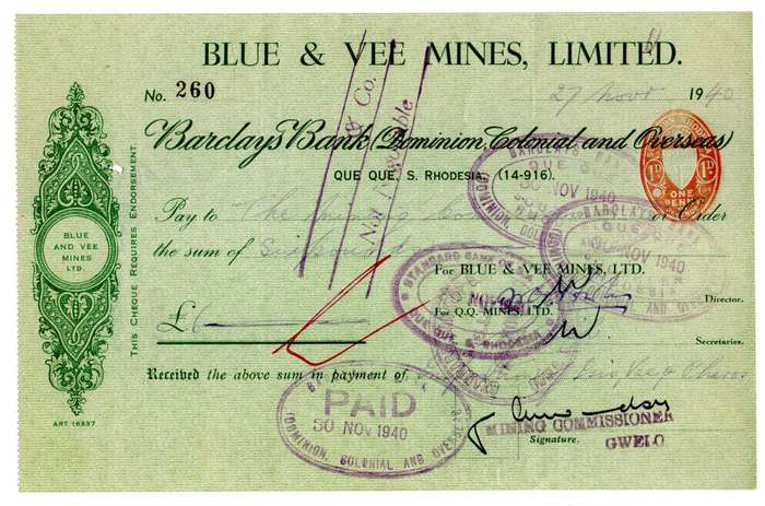 1940 Southern Rhodesia, Barclays Bank - Blue & Vee Mines, Limited Cheque issued for £6, struck with
