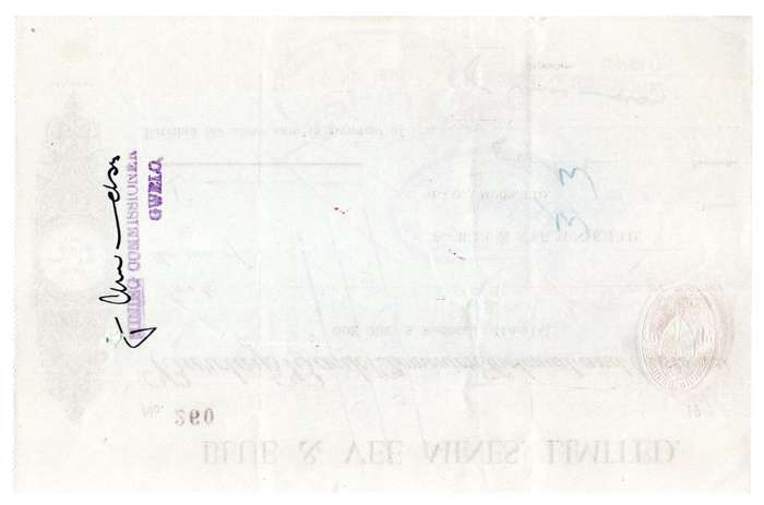1940 Southern Rhodesia, Barclays Bank - Blue & Vee Mines, Limited Cheque issued for £6, struck with