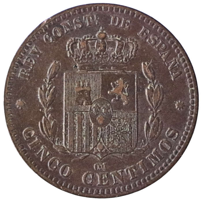 1879 Spain 5 Centimos, 8-pointed star  Barcelona Mint, KM#674