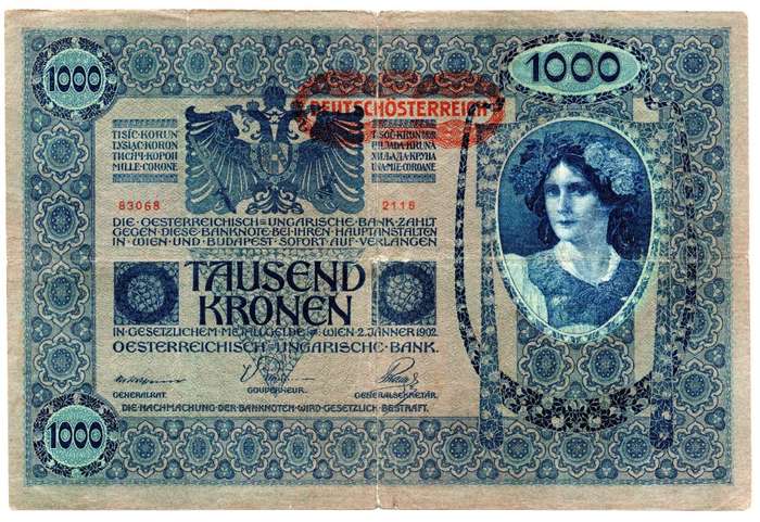 1902 Austria 1000 Kronen Pick#8, centre hole and folds