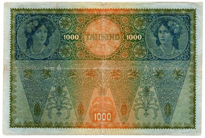 1902 Austria 1000 Kronen Pick#8, centre hole and folds