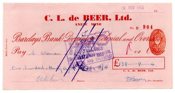 1953 Southern Rhodesia, Barclays Bank - C. L. de Beer. Ltd Anzac Mine, Cheque issued for £138 and 9