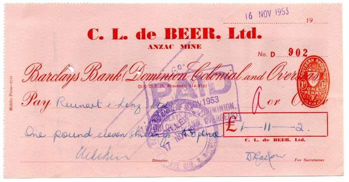 1953 Southern Rhodesia, Barclays Bank - C. L. de Beer. Ltd Anzac Mine, Cheque issued for £1 and 11 S