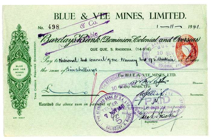 1941 Southern Rhodesia, Barclays Bank - Blue & Vee Mines, Limited Cheque issued for 6 Shillings, str