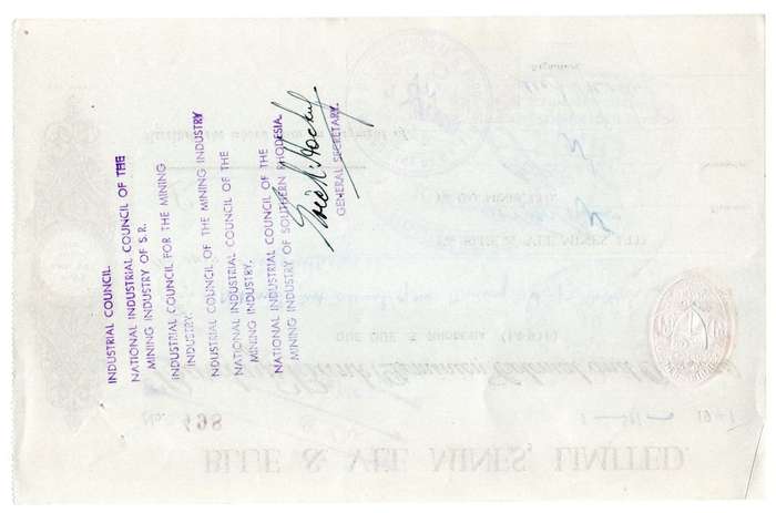 1941 Southern Rhodesia, Barclays Bank - Blue & Vee Mines, Limited Cheque issued for 6 Shillings, str