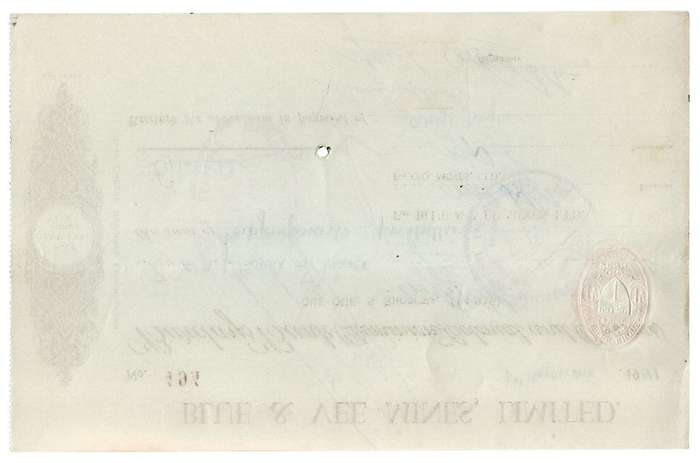 1941 Southern Rhodesia, Barclays Bank - Blue & Vee Mines, Limited Cheque issued for £41 and 5 Shilli