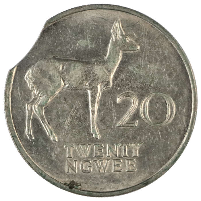 Error 1972 Zambia 20 Ngwee Clipped planchet