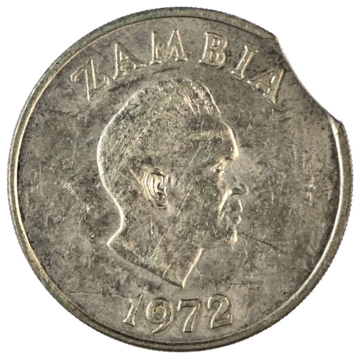Error 1972 Zambia 20 Ngwee Clipped planchet
