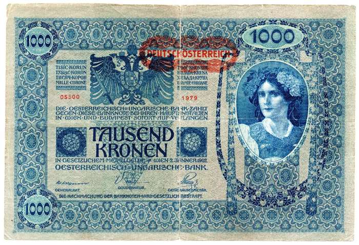 1902 Austria 1000 Kronen Pick#8, centre hole and folds