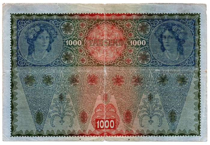 1902 Austria 1000 Kronen Pick#8, centre hole and folds