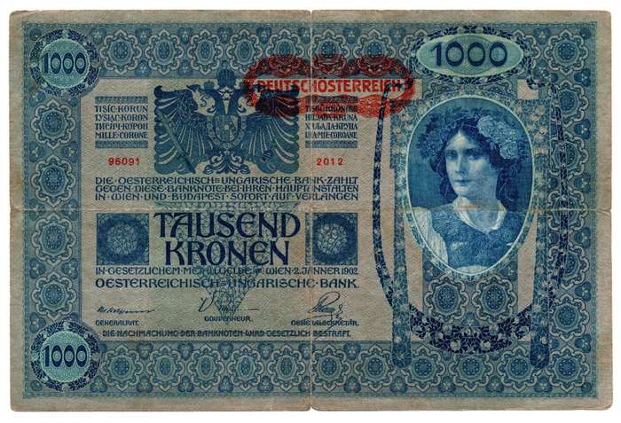 1902 Austria 1000 Kronen Pick#8, centre hole and folds