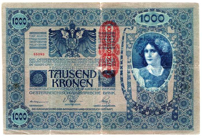 1902 Austria 1000 Kronen Pick#8, centre hole and folds