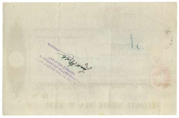 1940 Southern Rhodesia, Barclays Bank - Blue & Vee Mines, Limited Cheque issued for £1 and 5 Shillin