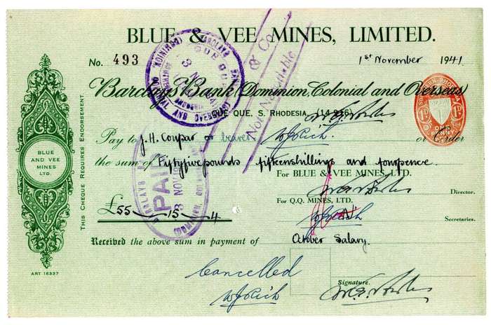 1941 Southern Rhodesia, Barclays Bank - Blue & Vee Mines, Limited Cheque issued for £55 and 15 Shill