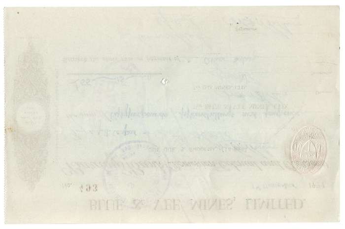 1941 Southern Rhodesia, Barclays Bank - Blue & Vee Mines, Limited Cheque issued for £55 and 15 Shill