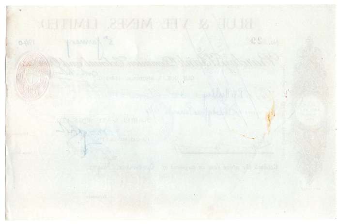 1940 Southern Rhodesia, Barclays Bank - Blue & Vee Mines, Limited Cheque issued for £34 and 4 Shilli