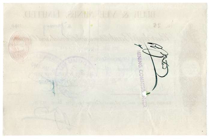 1940 Southern Rhodesia, Barclays Bank - Blue & Vee Mines, Limited Cheque issued for £1 and 10 Shilli
