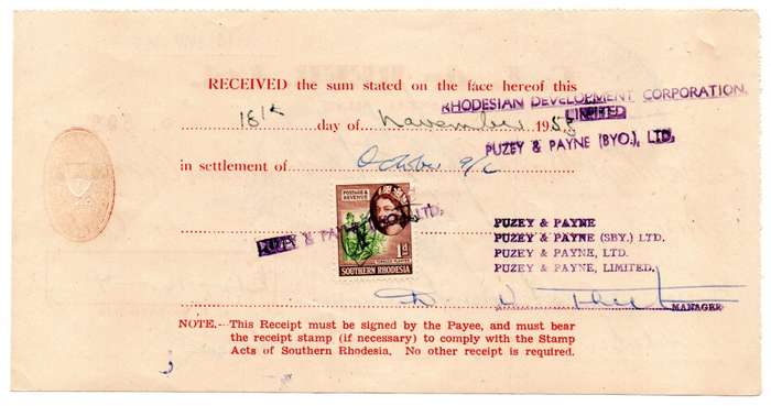 1953 Southern Rhodesia, Barclays Bank - C. L. de Beer. Ltd Anzac Mine, Cheque issued for £12 and 16