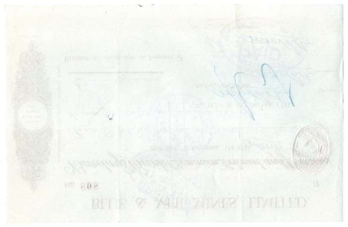 1943 Southern Rhodesia, Barclays Bank - Blue & Vee Mines, Limited Cheque issued for £7 and 14 Shilli