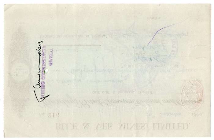 1940 Southern Rhodesia, Barclays Bank - Blue & Vee Mines, Limited Cheque issued for £36, 3 Shillings