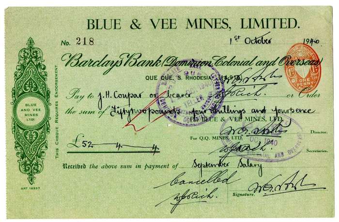 1940 Southern Rhodesia, Barclays Bank - Blue & Vee Mines, Limited Cheque issued for £52, 4 Shillings