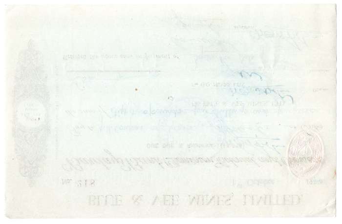 1940 Southern Rhodesia, Barclays Bank - Blue & Vee Mines, Limited Cheque issued for £52, 4 Shillings