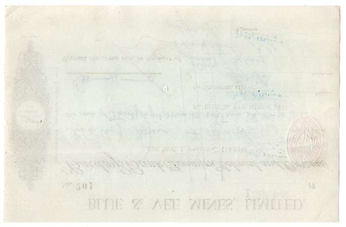 1940 Southern Rhodesia, Barclays Bank - Blue & Vee Mines, Limited Cheque issued for £38, 16 Shilling