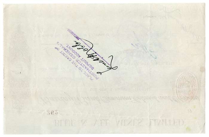 1940 Southern Rhodesia, Barclays Bank - Blue & Vee Mines, Limited Cheque issued for £0, 5 Shillings