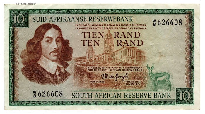 1967 South Africa Type 7 TW De Jongh First Issue replacement R10 `W8`, tear over watermark