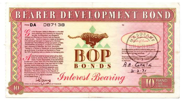1992 Bophuthatswana Development Bearer R10 Bond Note