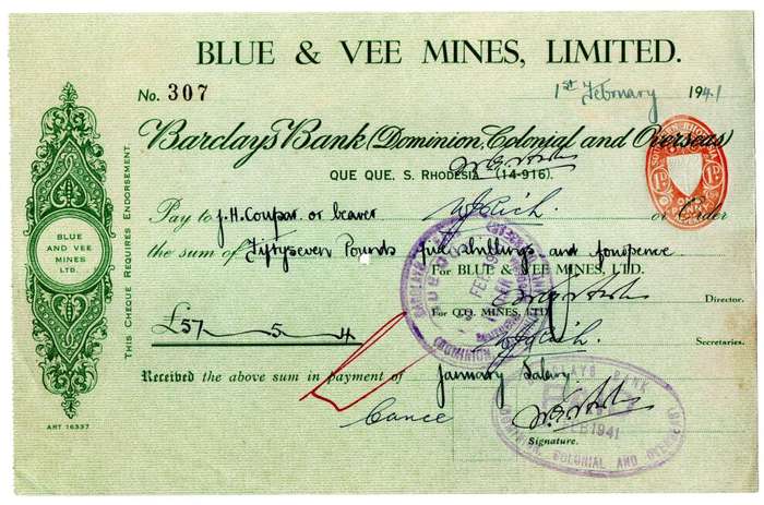 1941 Southern Rhodesia, Barclays Bank - Blue & Vee Mines, Limited Cheque issued for £57, 5 Shillings