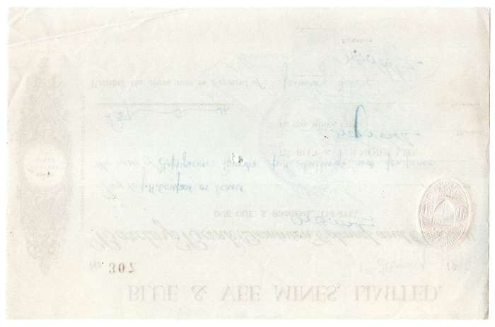 1941 Southern Rhodesia, Barclays Bank - Blue & Vee Mines, Limited Cheque issued for £57, 5 Shillings