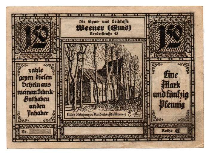1922 German Lower Saxony 1,50 Mark Sparkasse Weener [Not issued, no Serial/Signature] emergency Issu