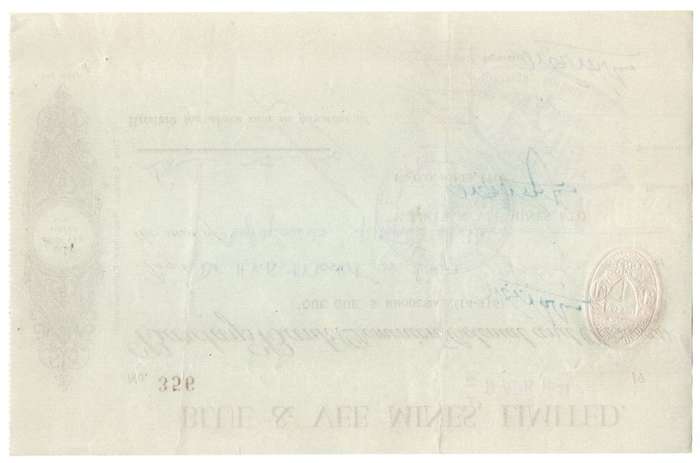 1941 Southern Rhodesia, Barclays Bank - Blue & Vee Mines, Limited Cheque issued for £8, 15 Shillings
