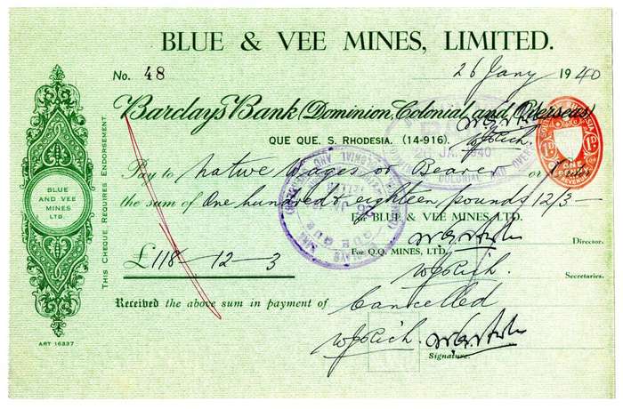 1940 Southern Rhodesia, Barclays Bank - Blue & Vee Mines, Limited Cheque issued for £118, 12 Shillin