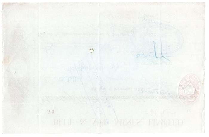 1940 Southern Rhodesia, Barclays Bank - Blue & Vee Mines, Limited Cheque issued for £34, 4 Shillings
