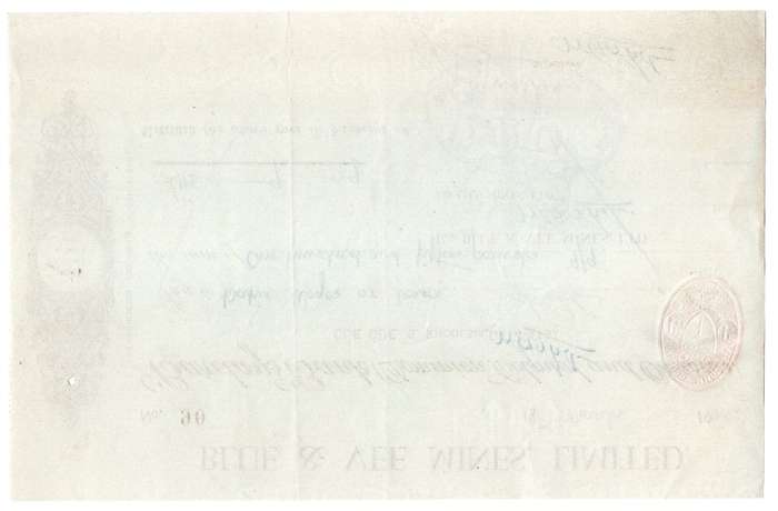 1940 Southern Rhodesia, Barclays Bank - Blue & Vee Mines, Limited Cheque issued for £115, 9 Shilling