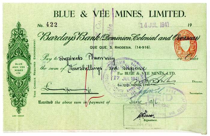 1941 Southern Rhodesia, Barclays Bank - Blue & Vee Mines, Limited Cheque issued for £0, 4 Shillings