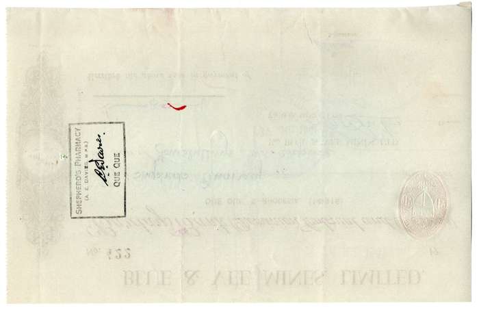 1941 Southern Rhodesia, Barclays Bank - Blue & Vee Mines, Limited Cheque issued for £0, 4 Shillings