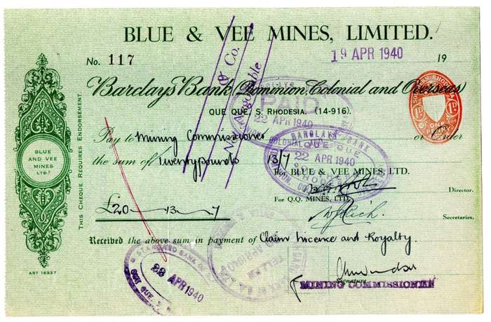 1940 Southern Rhodesia, Barclays Bank - Blue & Vee Mines, Limited Cheque issued for £20, 13 Shilling