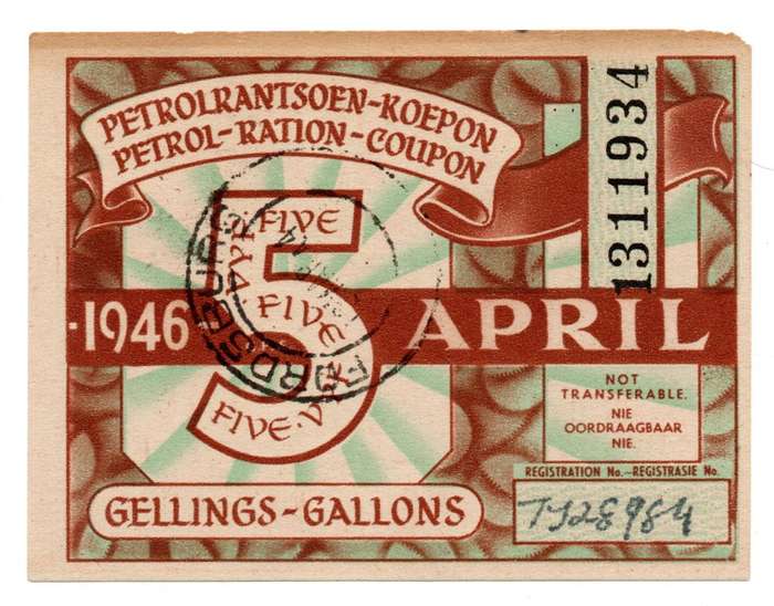 1946 South Africa Petrol Coupon 5 Gallons