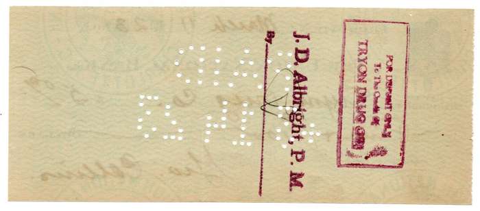 1923 United States, Charlotte The Union National Bank $5 Cheque