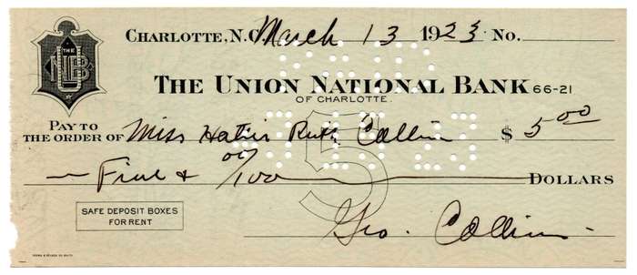 1923 United States, Charlotte The Union National Bank $5 Cheque, Cancelled by Queens College