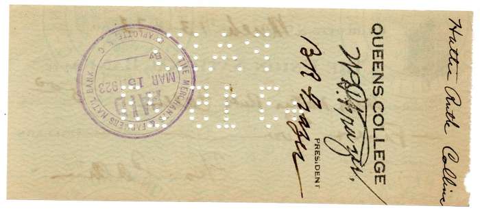 1923 United States, Charlotte The Union National Bank $5 Cheque, Cancelled by Queens College